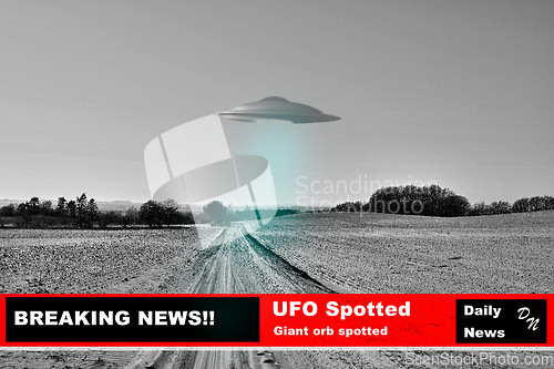 Image of News, nature and broadcast of a ufo on television for science fiction or information on earth. Sky, universe and a spaceship or futuristic alien glow for fantasy or knowledge of the galaxy on tv