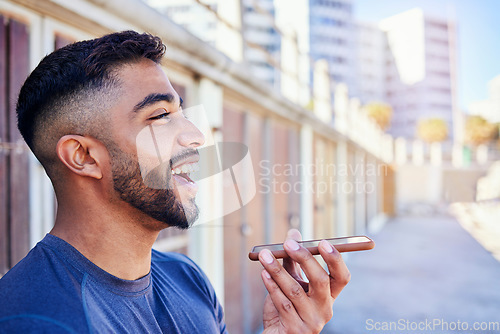 Image of Phone call, voice and happy man on audio recognition for communication and message in outside parking. Virtual, smile and person on smartphone discussion, talking and laughing on speaker outdoor