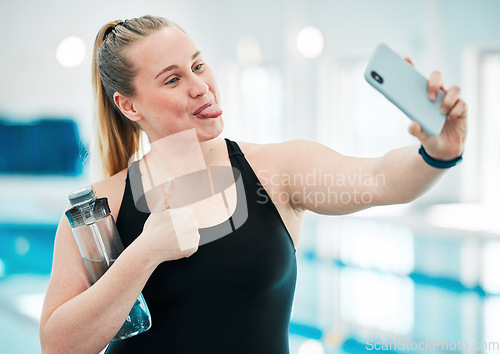 Image of Sports, selfie or happy woman athlete after a swimming exercise, training or workout on social media. Fitness, girl or excited female swimmer taking a picture with a thumbs up hand gesture to relax