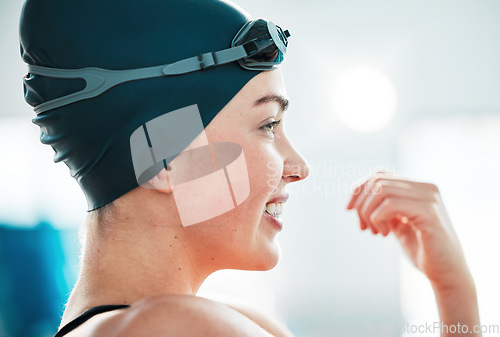 Image of Woman, swimming sport and thinking of fitness with a smile for workout, competition and stretching. Profile of athlete person or swimmer to start training, exercise or performance and challenge