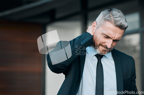 Image of Tired, mature and a businessman with neck pain in the city from work stress, problem or accident. Sad, medical emergency and a ceo or manager with a muscle injury, frustrated or professional fatigue