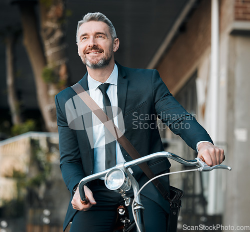 Image of Mature man, business and bicycle outdoor for professional career, travel and transportation. Happy entrepreneur person with a bike for cycling, carbon footprint and sustainability on urban journey