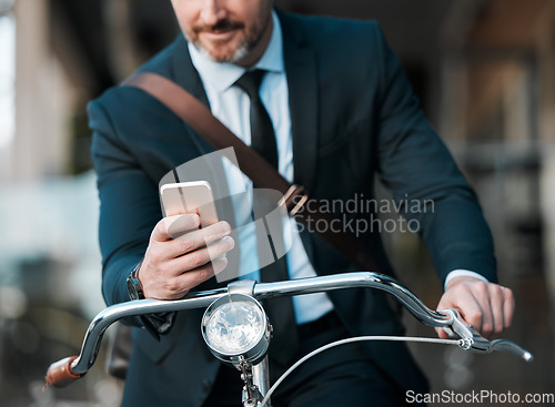 Image of Businessman, phone in hands and bicycle outdoor for communication, travel and transportation. Entrepreneur person with a bike and smartphone for internet connection, carbon footprint and journey
