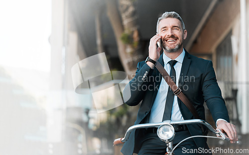 Image of Business man, phone call and bicycle outdoor for communication, travel and eco transportation. Mature entrepreneur person talking on smartphone for happy conversation, carbon footprint and space