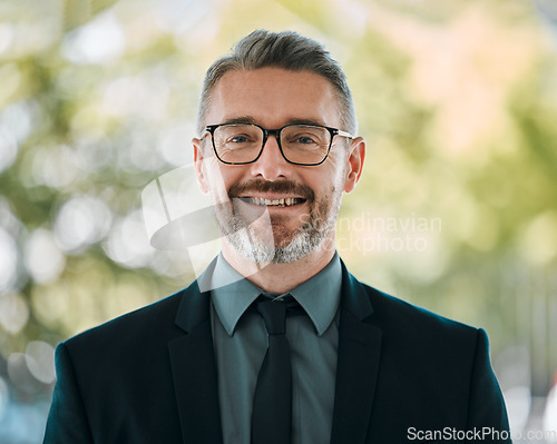 Image of Mature man, business and portrait outdoor with glasses for professional career and positive attitude. Face of happy entrepreneur or CEO person with pride, confidence and smile for corporate growth