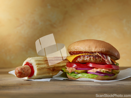 Image of fresh tasty burger and hotdog