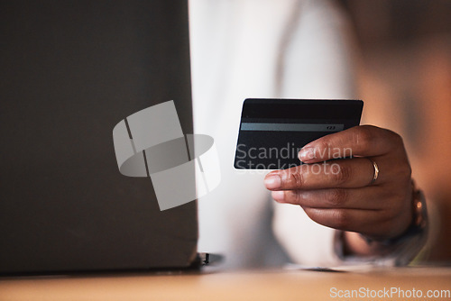 Image of Hand, credit card and laptop, person and e commerce with payment, fintech and account, internet and banking. Closeup, online shopping and finance, budget and customer with subscription and commercial