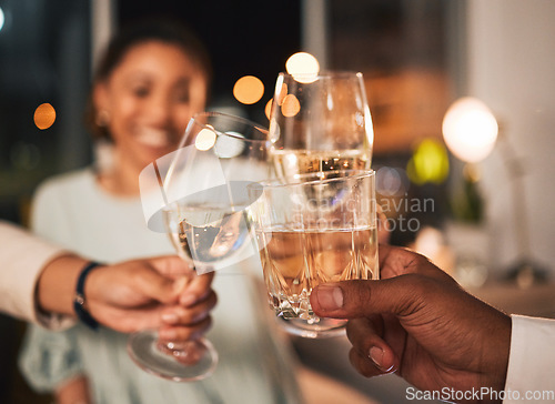 Image of Celebration, toast and people with drink in hands in congratulations, cheers and support achievement at party. Drinking, alcohol and night with friends and cheering with champagne, wine or whiskey