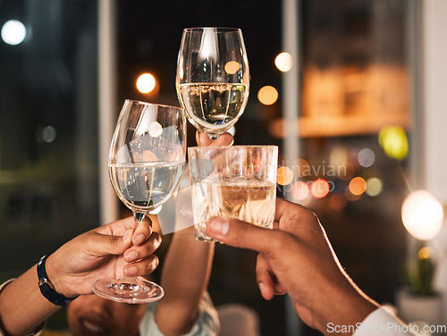 Image of Cheers, wine and glasses with hands and business people at night, celebration of deadline target with collaboration. Alcohol drink, party and winning, toast and overtime with working late and meeting