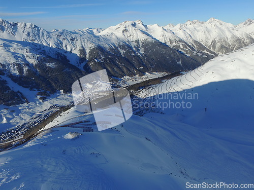 Image of Mountain, snow and Swiss Alps terrain in winter for travel, holiday or vacation with a view of nature. Environment, landscape and earth in a remote location during the cold weather season in Europe