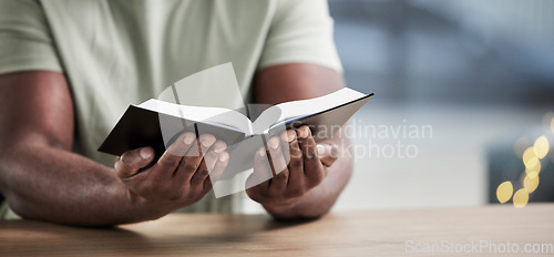 Image of Bible, reading and man hands with book learning for religion study at home for worship and spiritual support. Faith, christian knowledge and person with gratitude, scripture education and guidance