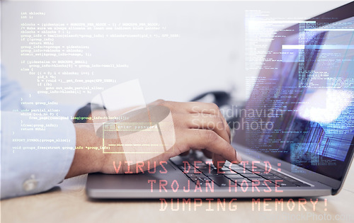 Image of Coding, laptop with virus and hands, cybersecurity and programmer typing, person and software update. Malware safety, information technology and code with upgrade, ransomware and programming overlay