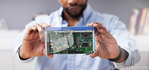 Image of Circuit board, hands and technician with computer hardware, man in office with maintenance and electronics upgrade. Closeup, motherboard and CPU, engineering and electric repair with technology