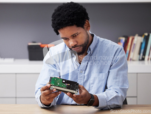 Image of Black man, check circuit board and computer hardware with technician in office, maintenance and electronics upgrade. Inspection, motherboard and CPU, engineering and electric repair with technology