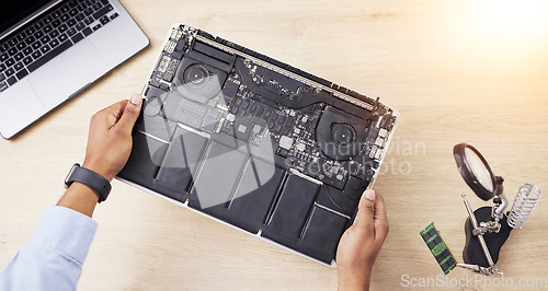 Image of Motherboard, hands and technician with computer hardware, person in office with maintenance and electronics upgrade. Top view, circuit board and CPU, engineering and electric repair with technology