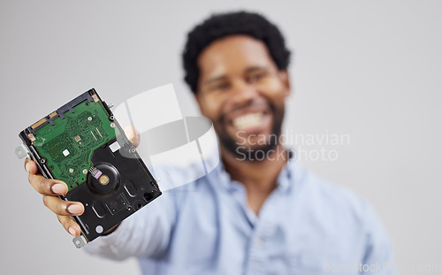 Image of Black man, circuit board in hand and computer hardware, technician with maintenance and electronics upgrade. Motherboard, closeup and CPU, engineering and electric repair with technology and digital