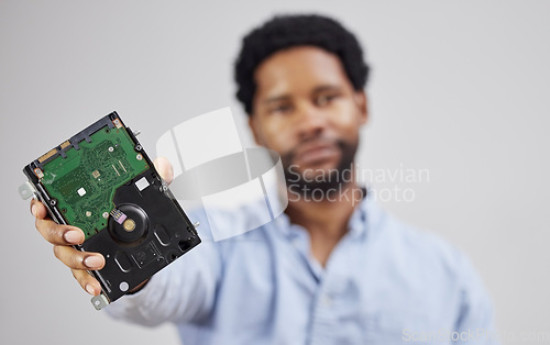 Image of Motherboard in hand, black man and computer hardware, and technician with maintenance and electronics upgrade. Closeup, circuit board and CPU, engineering and electric repair with technology