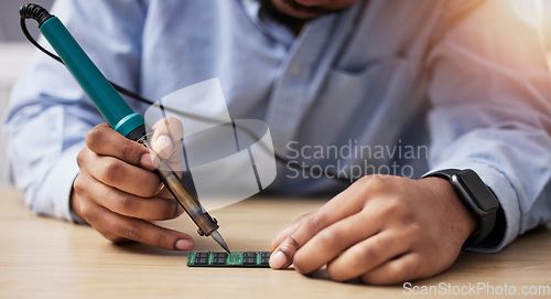 Image of Hands, soldering and circuit board, computer hardware fix with technician person, maintenance and electronics upgrade. Tools, motherboard and CPU, engineering and electric repair with technology