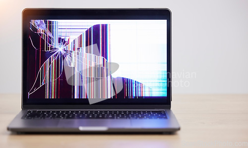 Image of Screen crack, online glitch and laptop problem with error, mistake and system fault with tech break. Isolated, computer and desktop failure from monitor damage and software crash with broken display