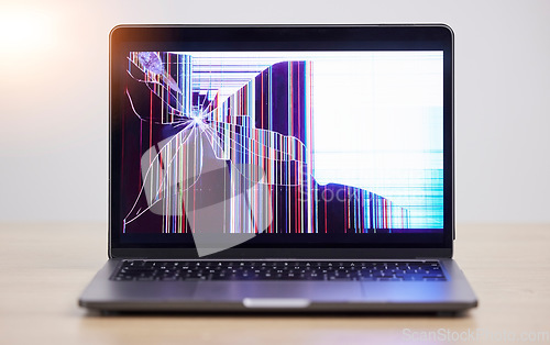 Image of Screen crack, glitch and laptop problem with error, mistake and system warning with tech break. Isolated, computer and desktop failure from monitor damage and software crash with broken display