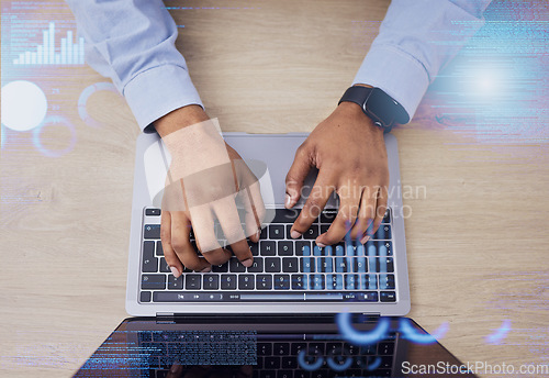 Image of Laptop, top view and business hands of hologram in office for networking, website ui and digital data. Cybersecurity, programming and worker person on computer for user interface, coding or software