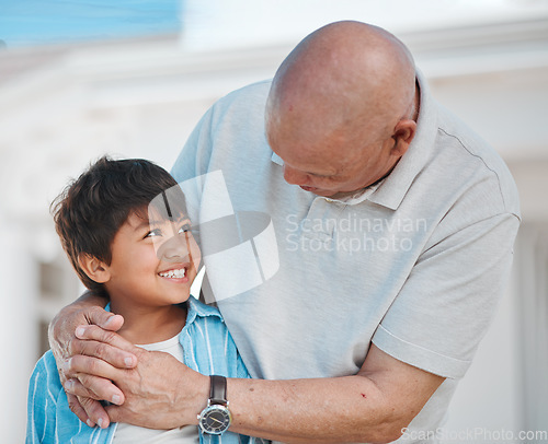 Image of Hug, elderly man and boy child with smile, love and care for quality time and relax outside family home. Bond, grandparent and senior embrace young kid with affection for happiness and weekend break