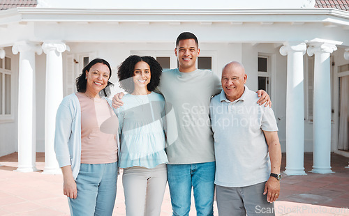 Image of Happy, new home and portrait of generations of family standing outdoor of their property or real estate. Smile, love and young man and woman homeowners with their senior parents by a modern house.