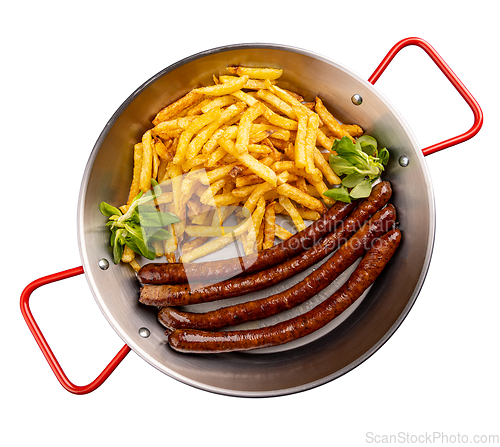 Image of Grilled thin sausage served with French fries