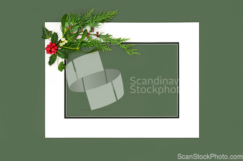 Image of Christmas Winter Flora and Holly Berry Background Frame
