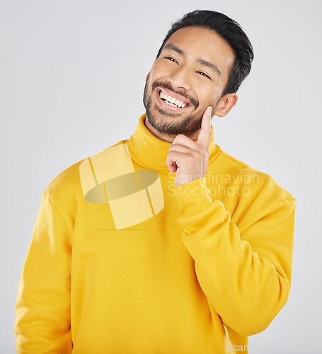 Image of Happy man, smile and thinking with future and dream, inspiration and memory isolated on white background. Planning, ideas and thoughtful with positivity, brainstorming and mission questions in studio