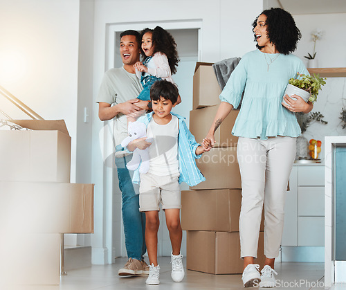 Image of Kids, surprise or excited parents in new home, real estate property investment or rental apartment. Wow, shocked father or happy children walking or holding hands with mom in family house together