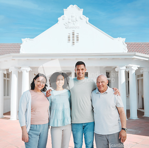 Image of Happy, real estate and portrait of generations of family standing outdoor of new property or home investment. Smile, love and young man and woman homeowners with senior parents by a modern house.