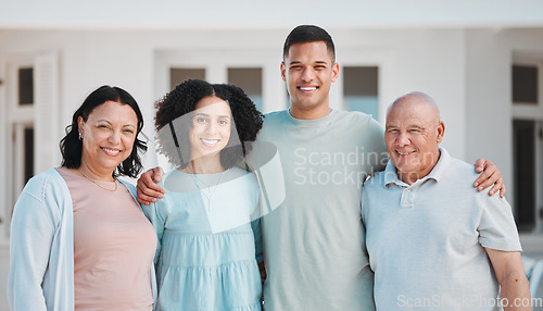 Image of Happy, property and portrait of generations of family standing outdoor of their new home or real estate. Smile, love and young man and woman homeowners with their senior parents by a modern house.