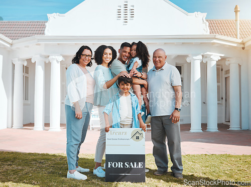 Image of Portrait, real estate and a family with a for sale sign outside of their home together for growth or relocation. Grandparents, parents and children in the garden of a property or house on moving day