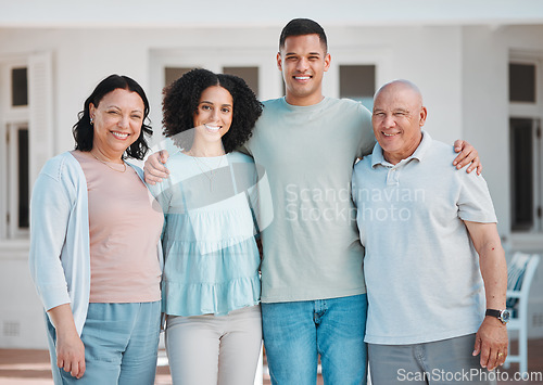 Image of Love, new house and portrait of generations of family standing outdoor of their property or real estate. Smile, happy and young man and woman homeowners with their senior parents by a modern home.