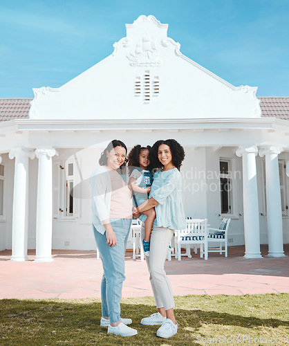 Image of Portrait of grandmother, mother and girl by their new home, property or real estate backyard. Smile, happy and young mom with her child and mother standing outdoor the modern house or building.
