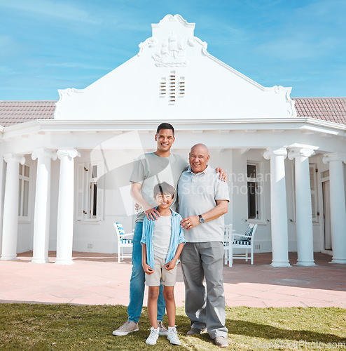 Image of Portrait of grandfather, father and boy by new home, property or real estate backyard. Smile, happy and young dad standing outdoor a modern house or building with his child and senior man with pride.