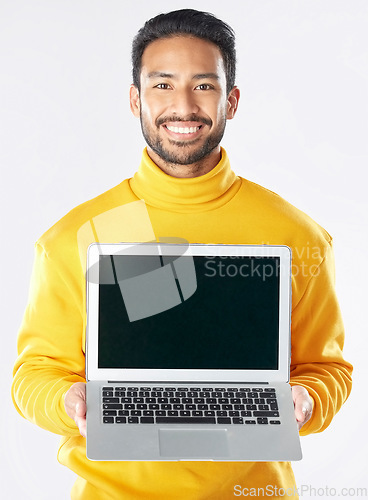 Image of Laptop screen, mockup and smile with portrait of man in studio for social media, communication and ux. Website, research and logo with person on white background for email, online and internet