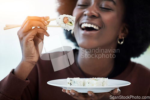 Image of Happy, woman and eating sushi with chopsticks or salmon, seafood and healthy dinner in home with plate of rice dish. Luxury, menu and person excited for fish platter, food delivery and smile on face