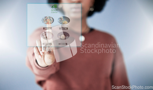 Image of Woman, hand and HUD in online shopping on food menu, UI or UX of digital hologram or dashboard. Closeup of female person in ecommerce, choice or selection on futuristic display, website or app icon