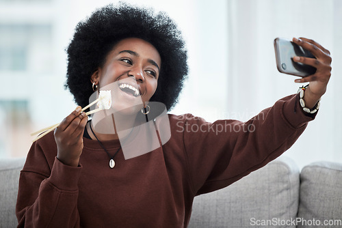 Image of Food, selfie and black woman with sushi, chopsticks and post of seafood or eating healthy dinner in home on social media. Influencer, person and photography of fish, dish or diet on blog or video