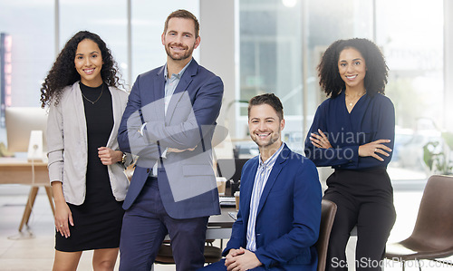 Image of Happy, team and portrait of business people in office with confidence, smile and collaboration. Crossed arms, diversity and professional corporate lawyers working on legal case together in workplace.