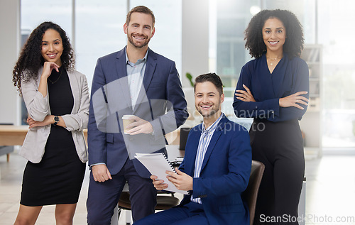 Image of Smile, team and portrait of business people in office with confidence, professional and collaboration. Crossed arms, diversity and group of corporate lawyers work on legal case together in workplace.