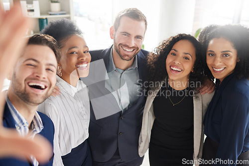 Image of Group of business people together in selfie with smile, pride and happiness in workplace for company portrait. Photography, proud men and women in office for team building, support and solidarity.