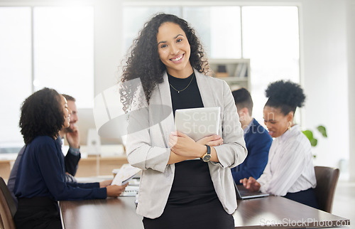 Image of Business woman, portrait and tablet in meeting with team for project management or discussion of digital marketing strategy. Corporate, employee and professional work in Brazil in online research