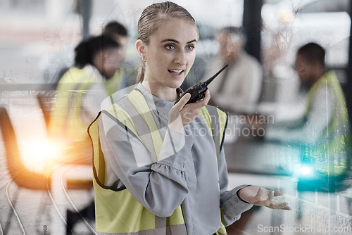 Image of Walkie talkie, engineering overlay and woman in office for construction, infrastructure and maintenance. Architecture meeting, contractor and person on radio for instruction, communication or talking