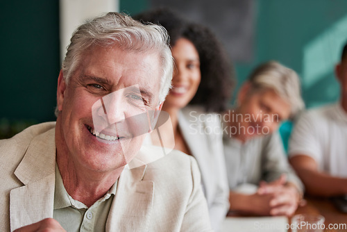 Image of Mature businessman, portrait and meeting with staff, management or happy ceo with business people in workplace. Executive, man and smile of accountant, manager or entrepreneur work in London office