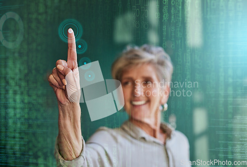 Image of Business woman, press and screen hologram for biometric information, cybersecurity and information technology. Professional manager for fingerprint coding, data protection or gdpr software in overlay