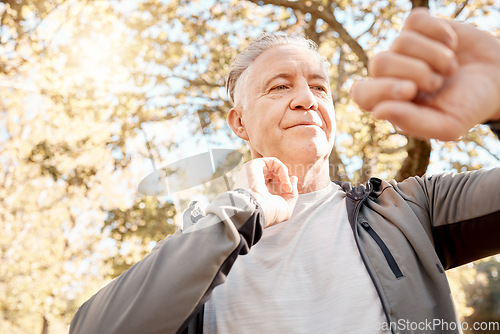 Image of Senior man, check heart rate and smart watch for run, thinking and breathing for training goals in parkpul. Elderly runner, iot clock and outdoor for exercise, workout or fitness and pulse in nature