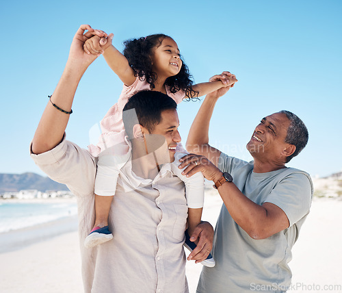 Image of Beach, airplane and girl child with parent, grandpa and holding hands with freedom. Flying, love and happy family at sea for piggyback fun, playing and travel, smile and ocean shoulder game bonding